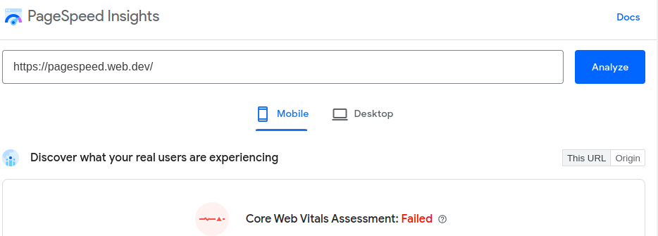 page speed insights failing core web vitals assesment